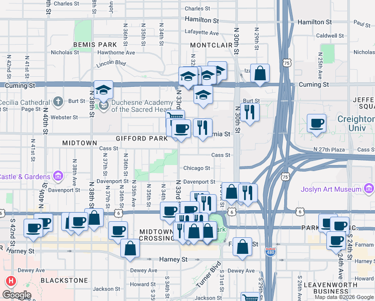 map of restaurants, bars, coffee shops, grocery stores, and more near 3224 Cass Street in Omaha