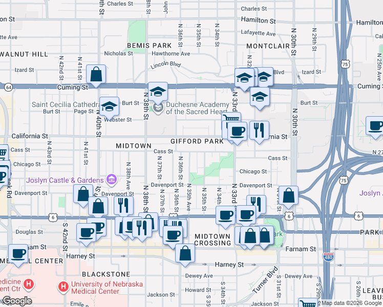 map of restaurants, bars, coffee shops, grocery stores, and more near 3550 Cass Street in Omaha