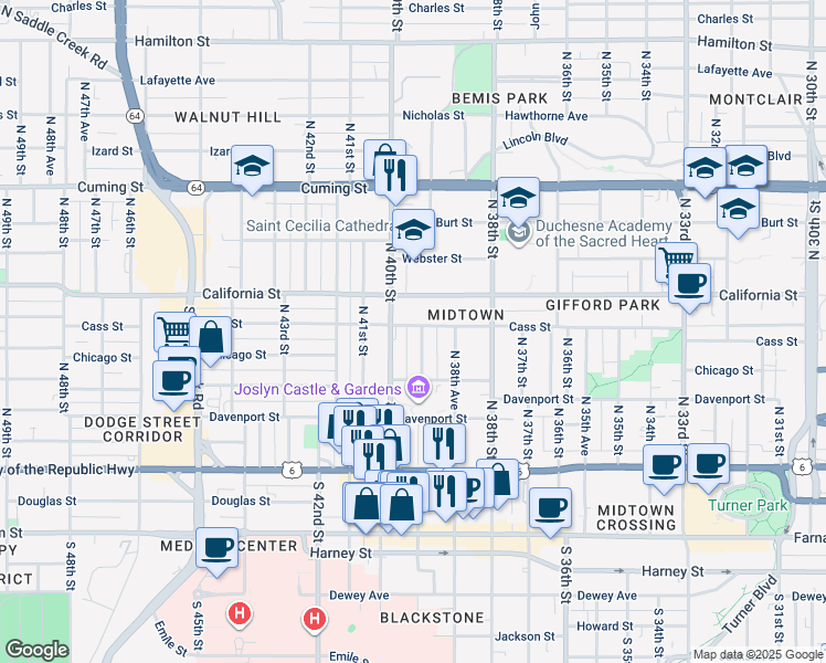 map of restaurants, bars, coffee shops, grocery stores, and more near 433 North 39th Street in Omaha