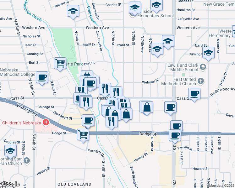 map of restaurants, bars, coffee shops, grocery stores, and more near 7610 Cass Street in Omaha