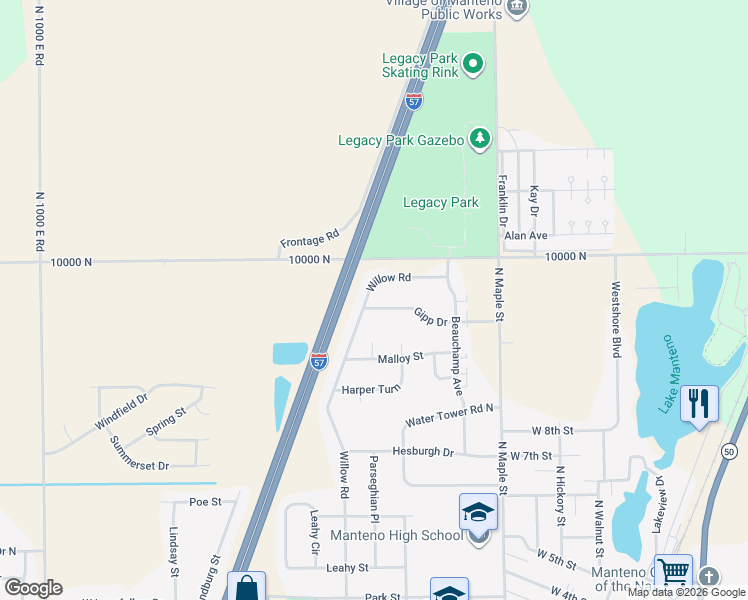 map of restaurants, bars, coffee shops, grocery stores, and more near 591 Gipp Drive in Manteno