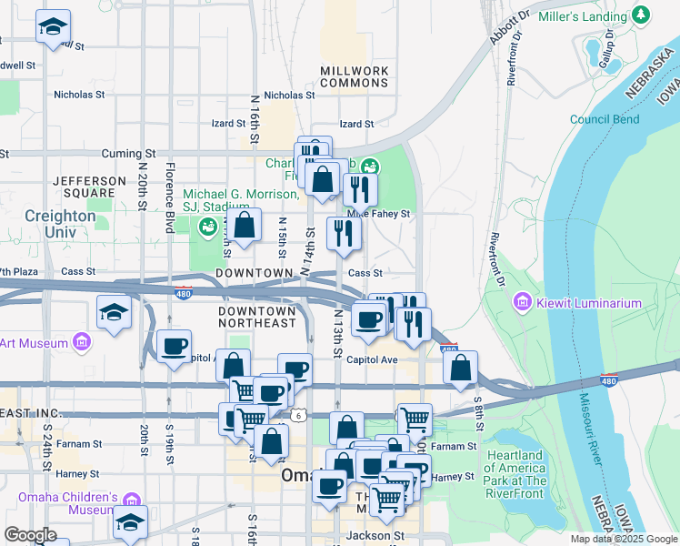 map of restaurants, bars, coffee shops, grocery stores, and more near 501 North 13th Street in Omaha