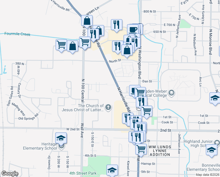 map of restaurants, bars, coffee shops, grocery stores, and more near 207 North Harrisville Road in Ogden