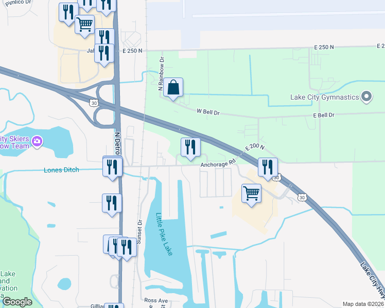 map of restaurants, bars, coffee shops, grocery stores, and more near Anchorage Point Drive in Warsaw