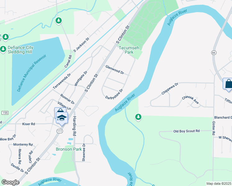 map of restaurants, bars, coffee shops, grocery stores, and more near 1800 Darbyshire Dr in Defiance