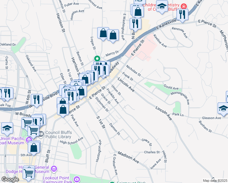 map of restaurants, bars, coffee shops, grocery stores, and more near 209 Franklin Avenue in Council Bluffs