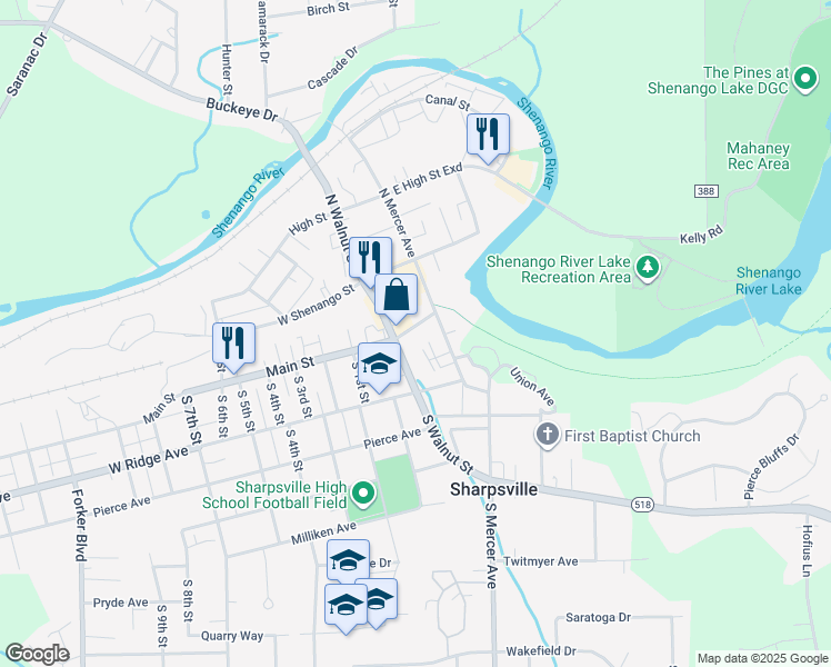 map of restaurants, bars, coffee shops, grocery stores, and more near 39 Main Street in Sharpsville