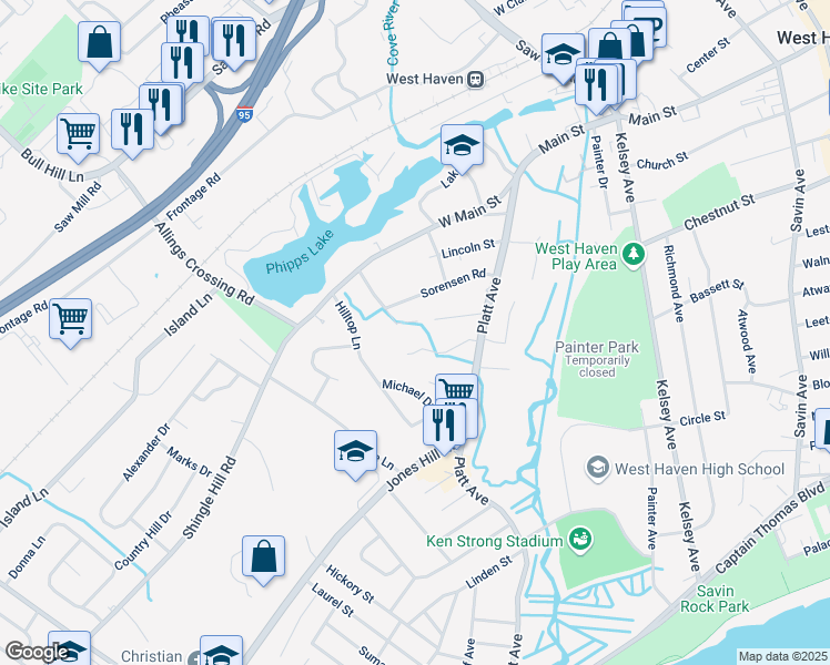 map of restaurants, bars, coffee shops, grocery stores, and more near 29 Cove Brook Road in West Haven