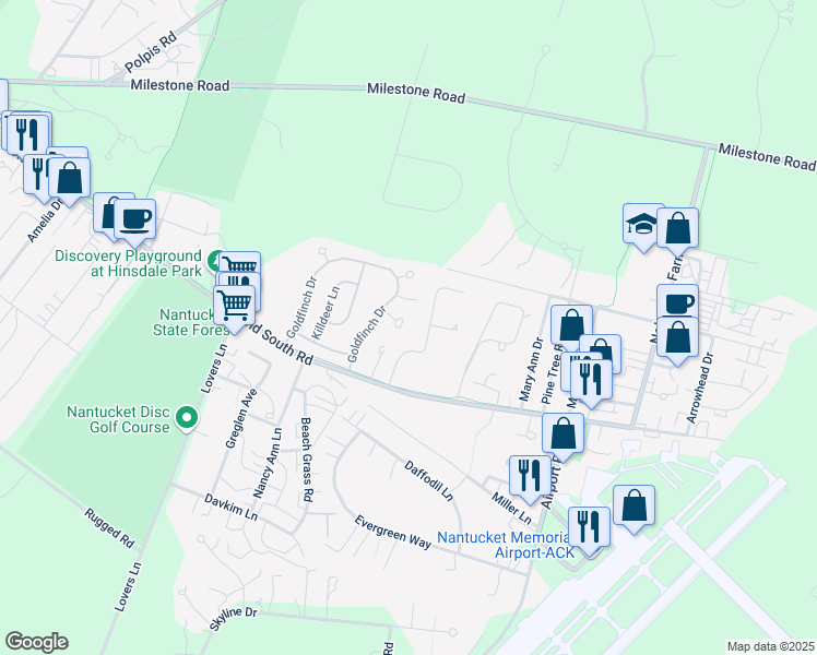 map of restaurants, bars, coffee shops, grocery stores, and more near 13 Curlew Court in Nantucket