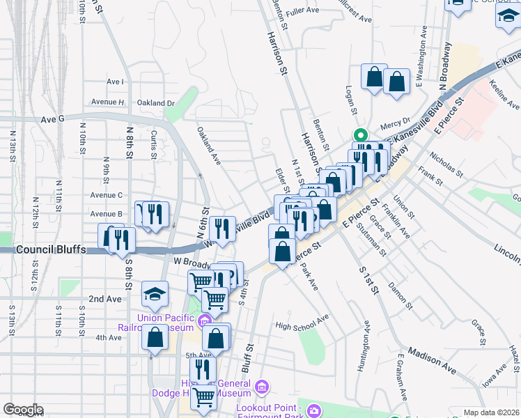 map of restaurants, bars, coffee shops, grocery stores, and more near 203 Oakland Avenue in Council Bluffs