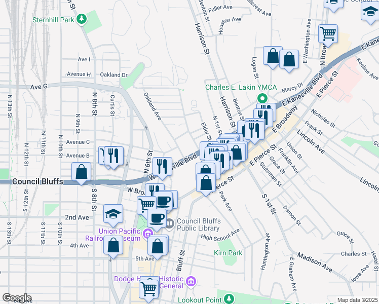 map of restaurants, bars, coffee shops, grocery stores, and more near 203 Oakland Avenue in Council Bluffs