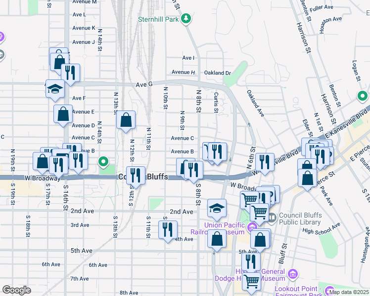 map of restaurants, bars, coffee shops, grocery stores, and more near 120 North 9th Street in Council Bluffs