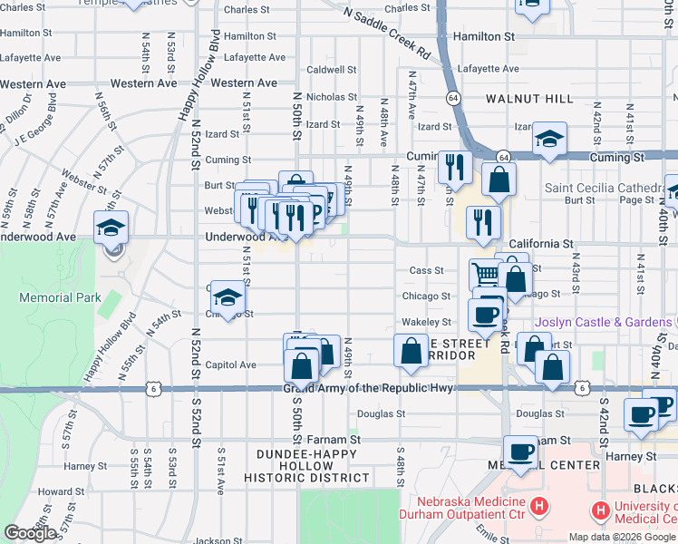 map of restaurants, bars, coffee shops, grocery stores, and more near 4902 Cass Street in Omaha