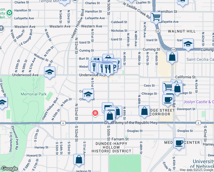 map of restaurants, bars, coffee shops, grocery stores, and more near 5008 Cass Street in Omaha