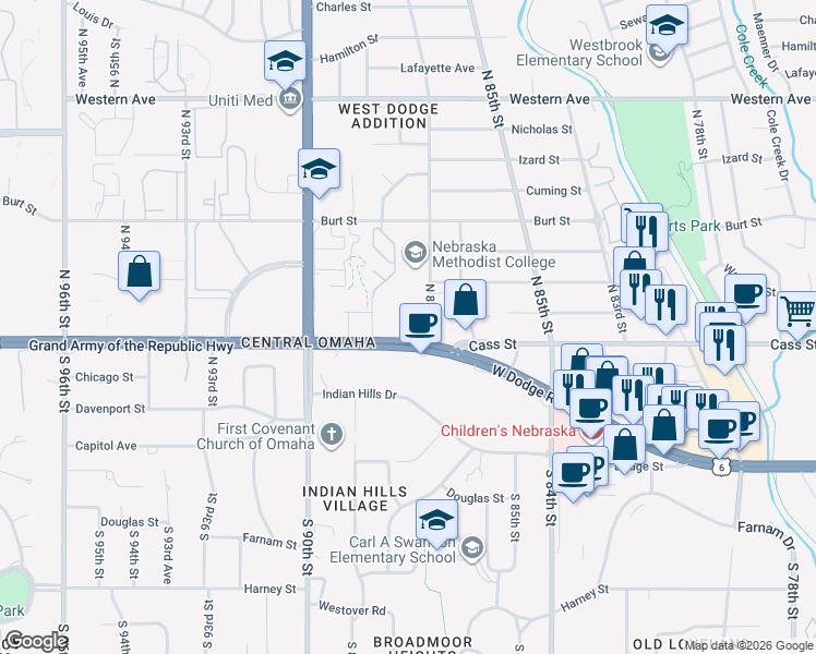 map of restaurants, bars, coffee shops, grocery stores, and more near 8712 West Dodge Road in Omaha