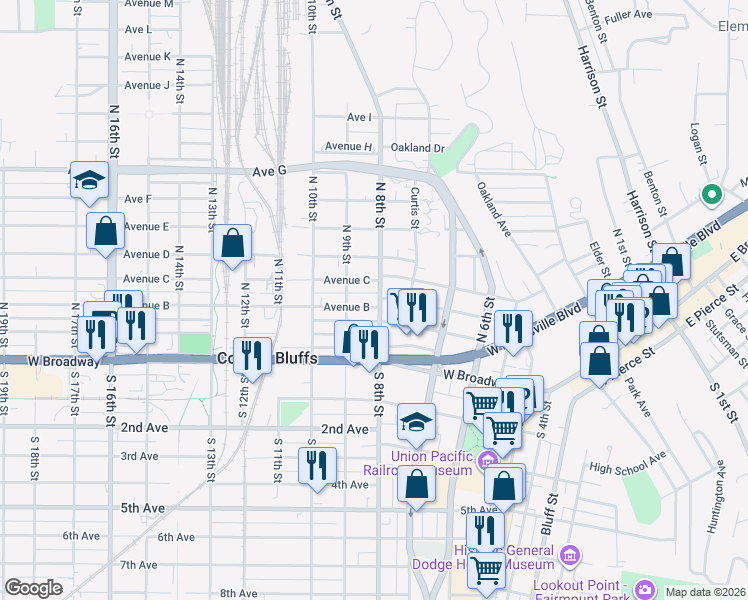 map of restaurants, bars, coffee shops, grocery stores, and more near 202 North 8th Street in Council Bluffs