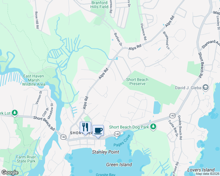 map of restaurants, bars, coffee shops, grocery stores, and more near 17 East Village Drive in Branford