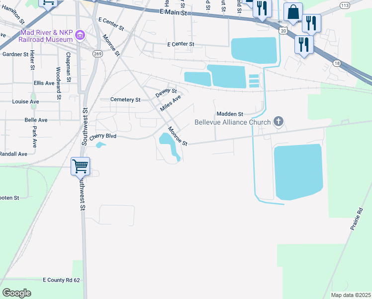 map of restaurants, bars, coffee shops, grocery stores, and more near 820 Monroe Street in Bellevue