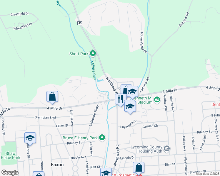 map of restaurants, bars, coffee shops, grocery stores, and more near 2101 Northway Road in Williamsport