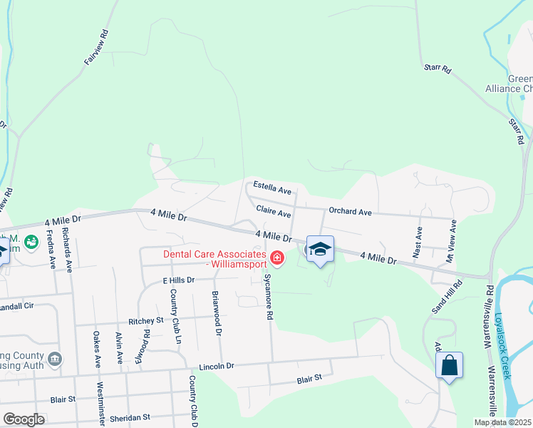 map of restaurants, bars, coffee shops, grocery stores, and more near 2718 Claire Avenue in Montoursville