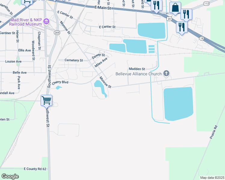 map of restaurants, bars, coffee shops, grocery stores, and more near 820 Monroe Street in Bellevue