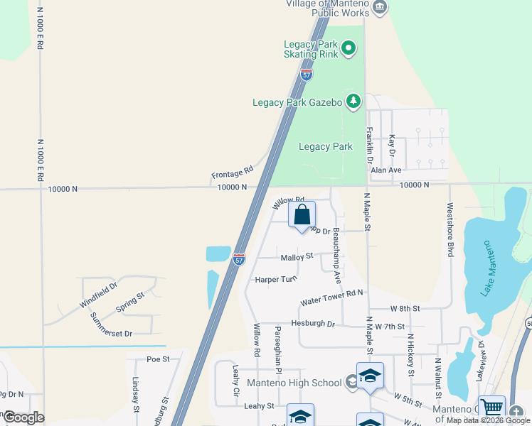 map of restaurants, bars, coffee shops, grocery stores, and more near 591 Gipp Drive in Manteno