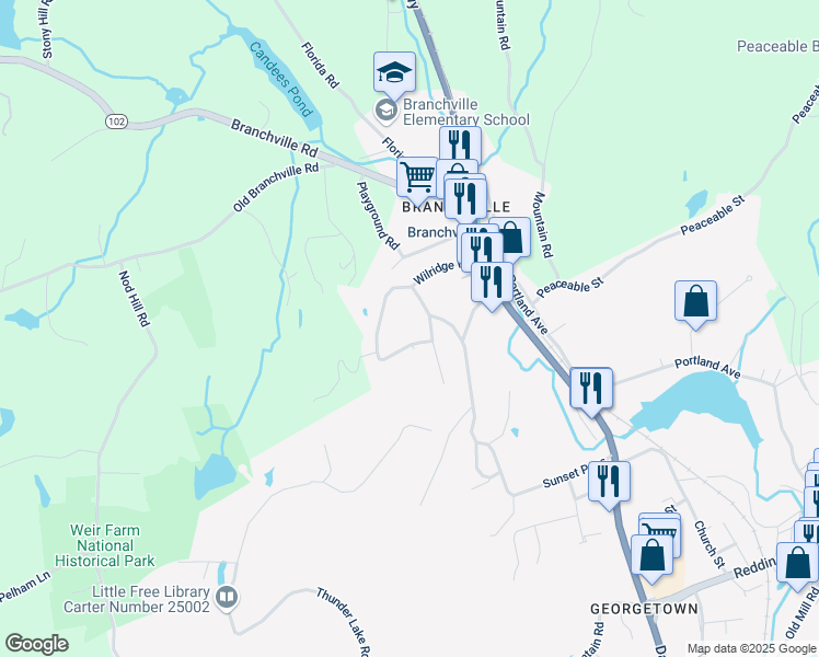 map of restaurants, bars, coffee shops, grocery stores, and more near 12 Mallory Hill Road in Ridgefield