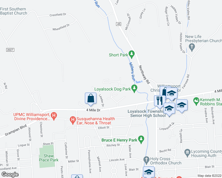 map of restaurants, bars, coffee shops, grocery stores, and more near 37 Valley Heights Drive in Williamsport