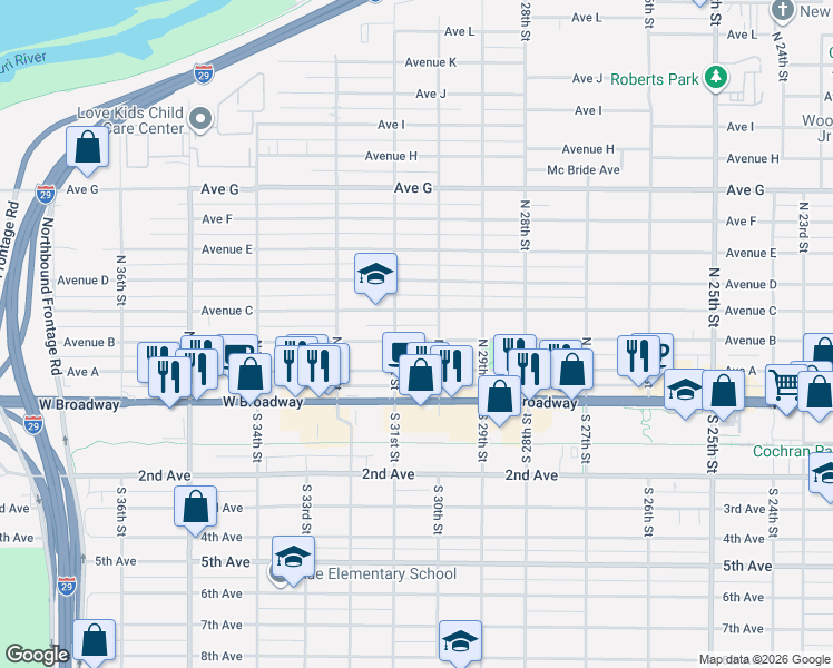 map of restaurants, bars, coffee shops, grocery stores, and more near 3018 Avenue B in Council Bluffs