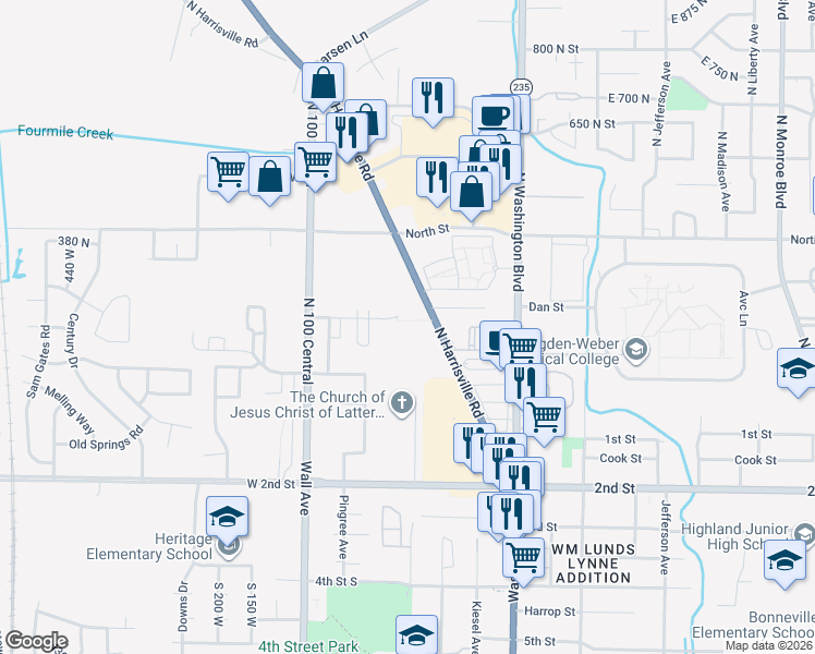 map of restaurants, bars, coffee shops, grocery stores, and more near 207 North Harrisville Road in Ogden