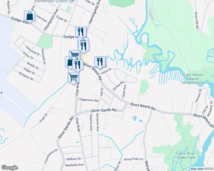map of restaurants, bars, coffee shops, grocery stores, and more near 403 Short Beach Road in East Haven