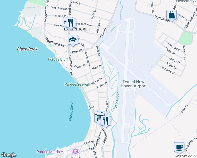 map of restaurants, bars, coffee shops, grocery stores, and more near 201 Concord Street in New Haven