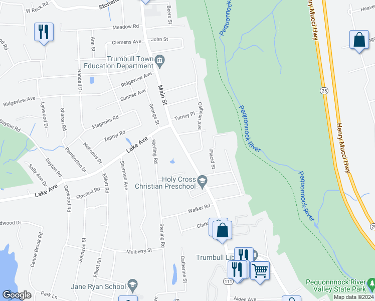 map of restaurants, bars, coffee shops, grocery stores, and more near 6072 Main Street in Trumbull