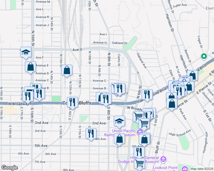 map of restaurants, bars, coffee shops, grocery stores, and more near 111 North 8th Street in Council Bluffs