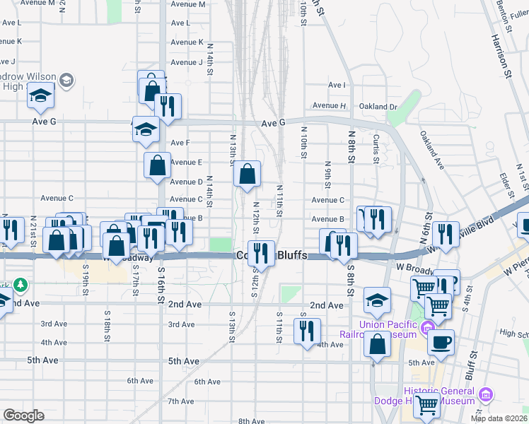 map of restaurants, bars, coffee shops, grocery stores, and more near 1200 Avenue B in Council Bluffs