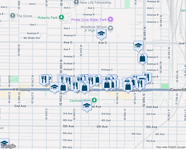 map of restaurants, bars, coffee shops, grocery stores, and more near 107 North 22nd Street in Council Bluffs