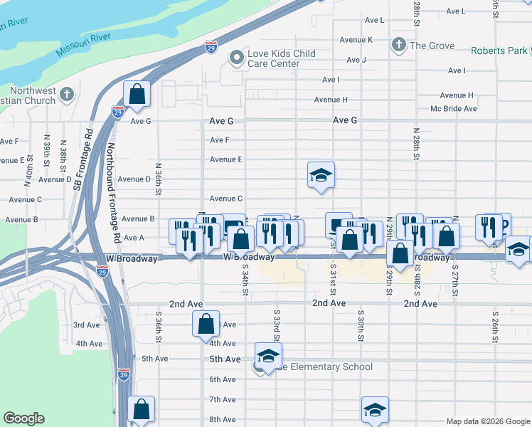 map of restaurants, bars, coffee shops, grocery stores, and more near 3241 Avenue B in Council Bluffs