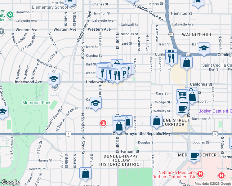 map of restaurants, bars, coffee shops, grocery stores, and more near 5008 Cass Street in Omaha