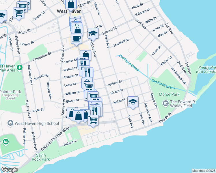 map of restaurants, bars, coffee shops, grocery stores, and more near 271 Blohm Street in West Haven