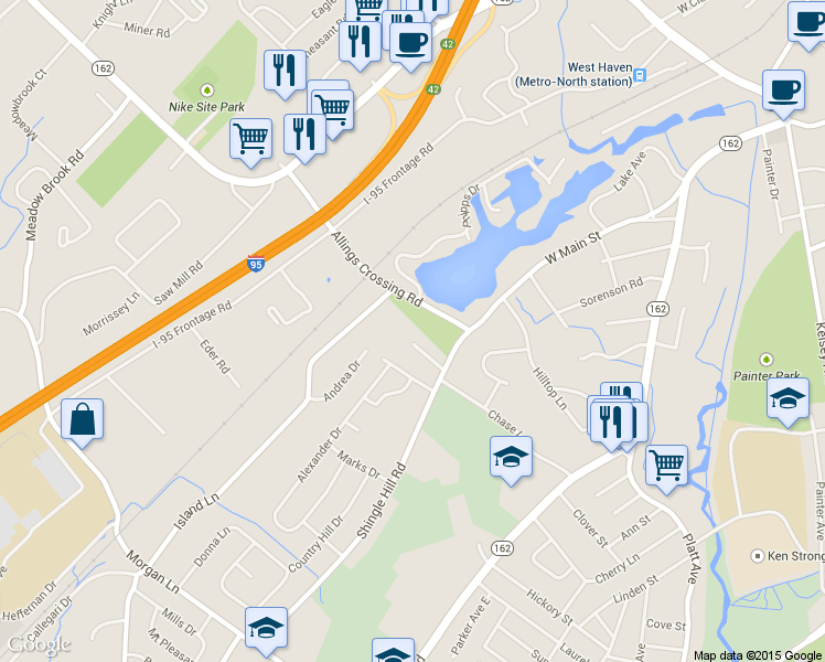 map of restaurants, bars, coffee shops, grocery stores, and more near 9 Carriage Drive in West Haven