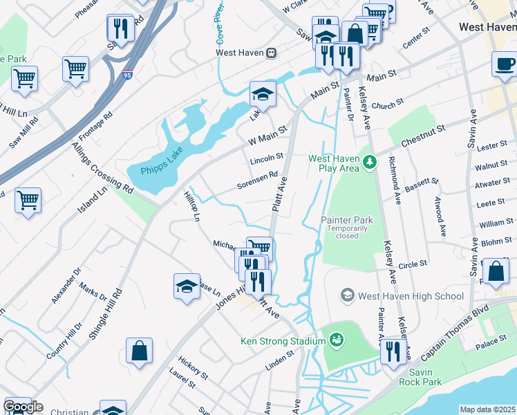 map of restaurants, bars, coffee shops, grocery stores, and more near 15 Cove Brook Road in West Haven