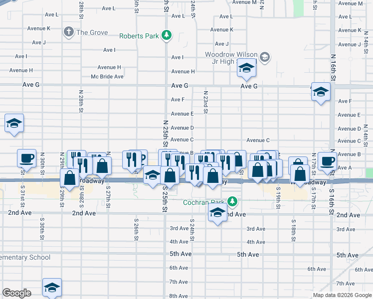 map of restaurants, bars, coffee shops, grocery stores, and more near 2405 Avenue B in Council Bluffs