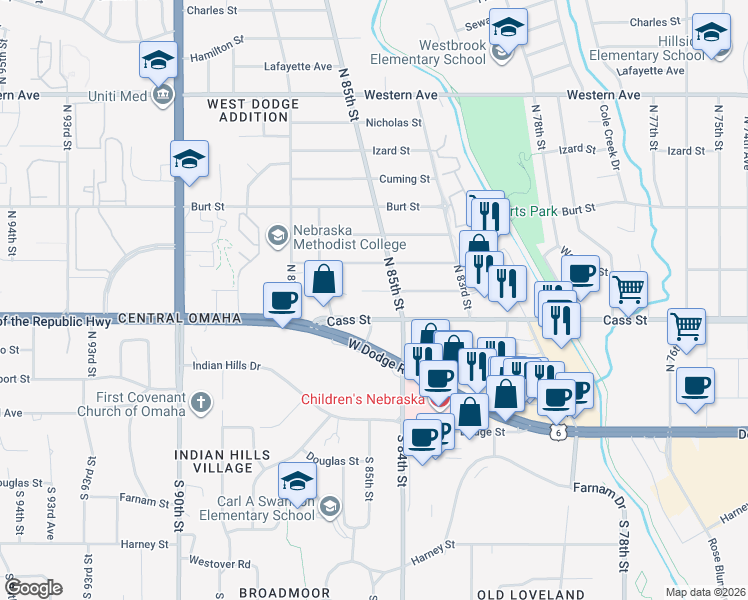 map of restaurants, bars, coffee shops, grocery stores, and more near 8506 Cass Street in Omaha