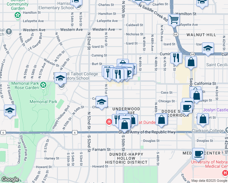 map of restaurants, bars, coffee shops, grocery stores, and more near 5013 California Street in Omaha