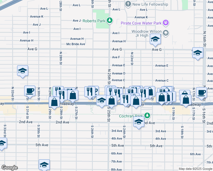 map of restaurants, bars, coffee shops, grocery stores, and more near 2447 Avenue B in Council Bluffs