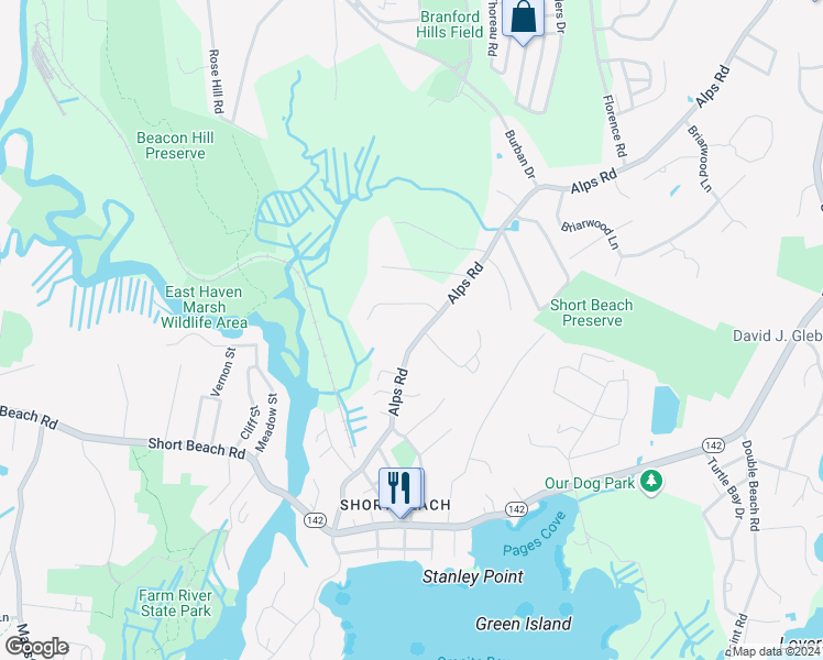 map of restaurants, bars, coffee shops, grocery stores, and more near 225 Alps Road in Branford