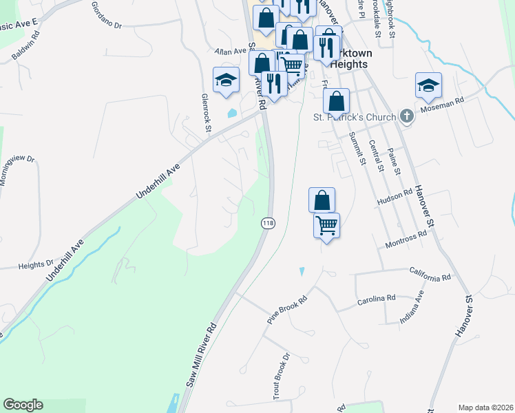 map of restaurants, bars, coffee shops, grocery stores, and more near 41 Overlook Commons in Yorktown Heights