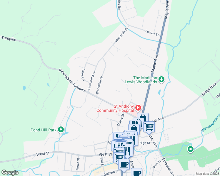 map of restaurants, bars, coffee shops, grocery stores, and more near 20 Grand Street in Warwick
