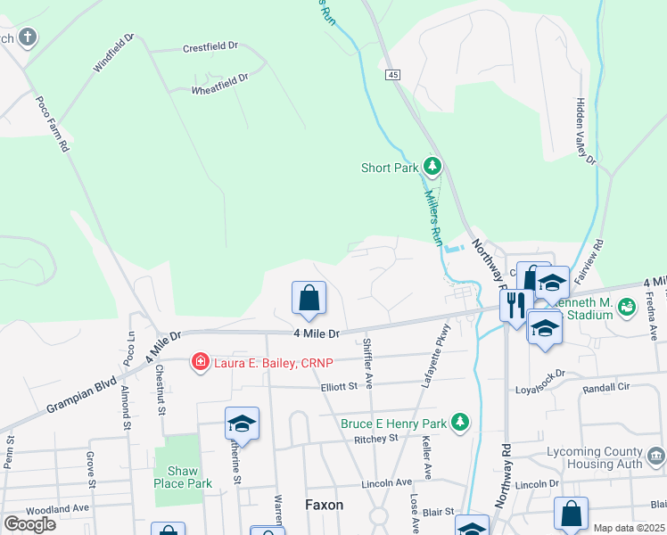 map of restaurants, bars, coffee shops, grocery stores, and more near 300 Leader Drive in Williamsport