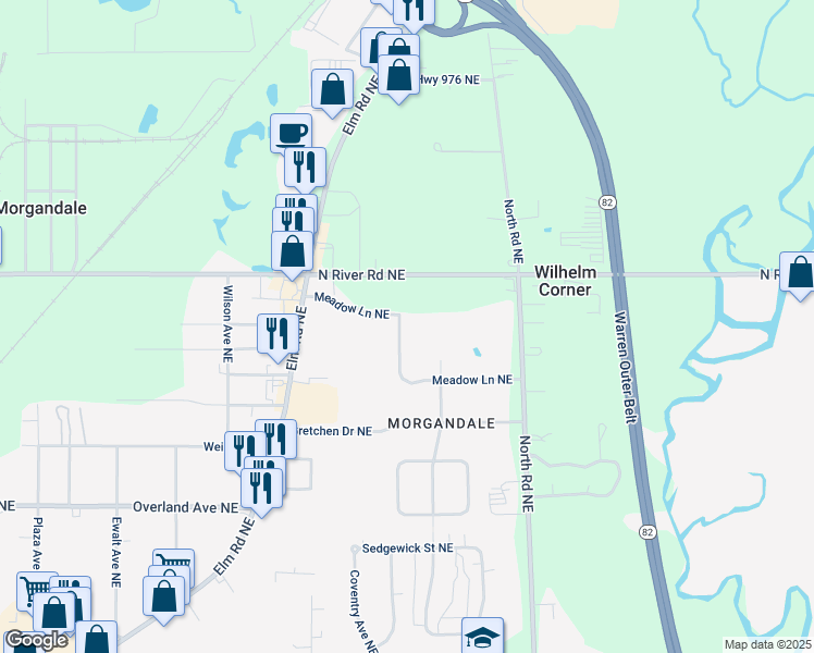 map of restaurants, bars, coffee shops, grocery stores, and more near 3044 Meadow Lane Northeast in Warren